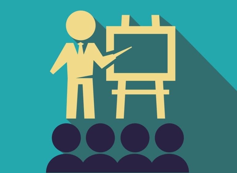 teacher holds a lecture to an audience flat illustration, teacher lecturing student