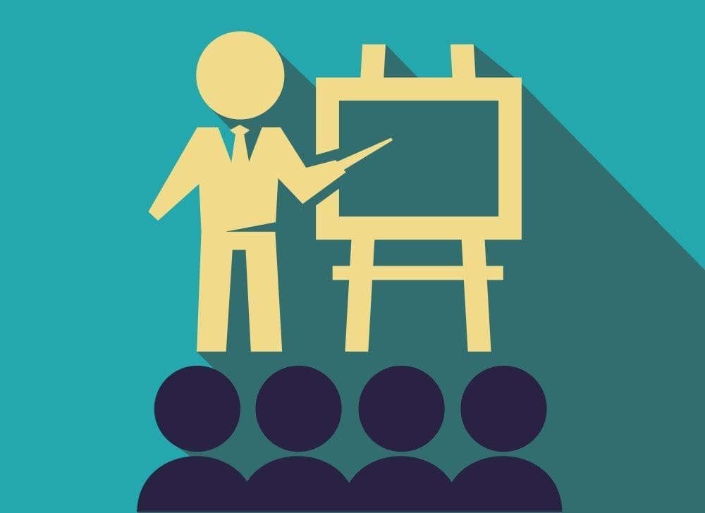 teacher holds a lecture to an audience flat illustration, teacher lecturing student